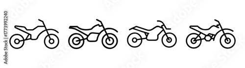 Four stylized dirt bikes lined up simple line art motorcycle icons ready for action