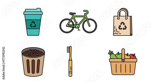 Eco-friendly icons featuring reusable cup, bicycle, recycle bag, compost bin, bamboo toothbrush, and fruit basket