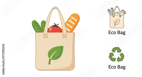 Eco shopping bag with groceries and leaf icon - sustainability and recycling concept