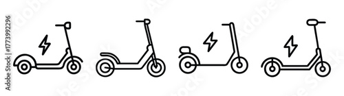 Collection of line art electric scooters with power symbols representing mobility and clean energy