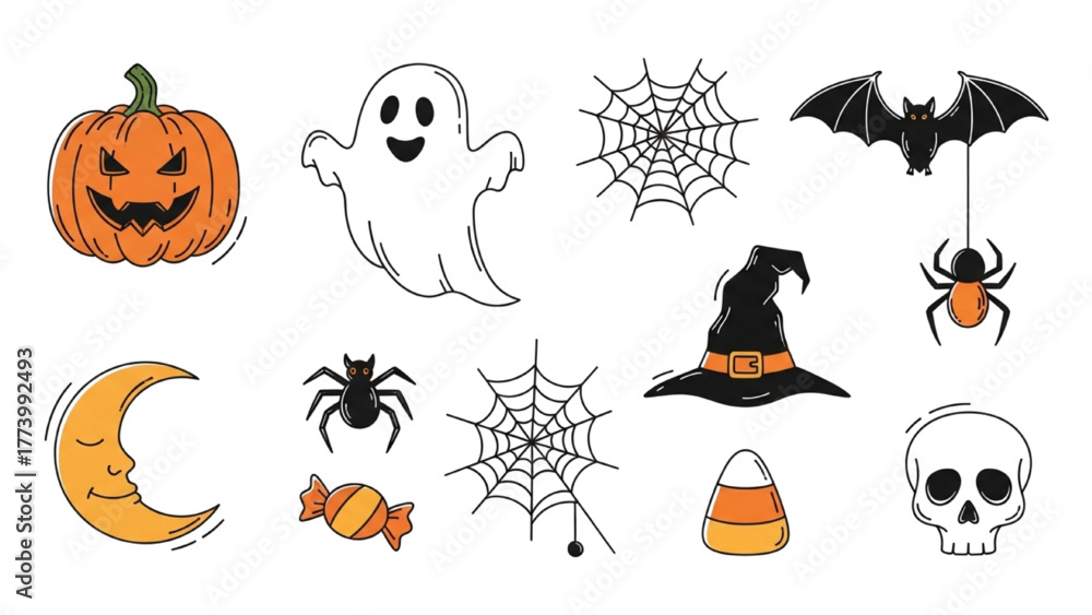 Naklejka premium Diverse spooky Halloween graphic elements set, perfect for seasonal designs and celebrations