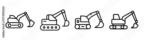 Collection of four outline excavator icons for construction and heavy machinery projects