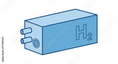 Isometric hydrogen fuel cell concept with pipes on blue background