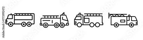 Collection of stylized line art fire trucks with ladders and sirens for emergency services