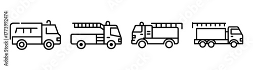Collection of stylized fire truck line art designs for emergency vehicle graphics and safety themes