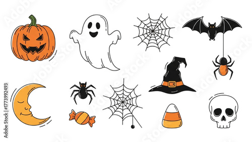 Diverse spooky Halloween graphic elements set, perfect for seasonal designs and celebrations