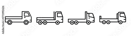Collection of four simple line art flatbed trucks in various configurations for transportation and logistics