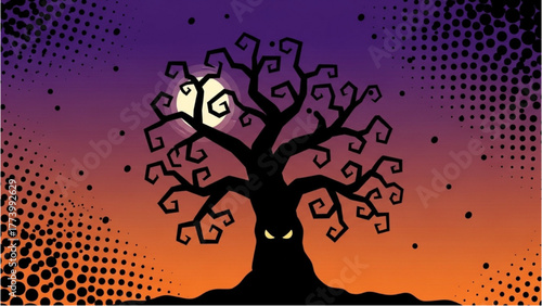 Spooky Tree Silhouette Under a Moonlit Sky A Halloween Illustration