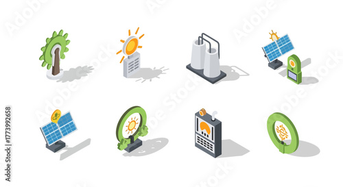 Isometric renewable energy icons: solar, wind, and sustainable power solutions