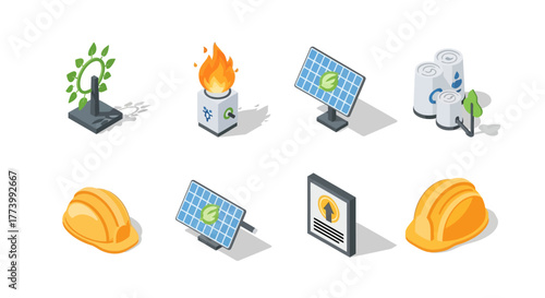 Renewable energy and sustainable solutions isometric icons set