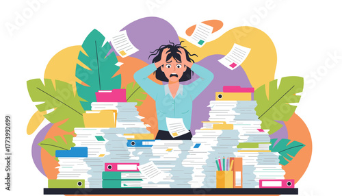 Overwhelmed office worker buried in paperwork and documents due to excessive workload