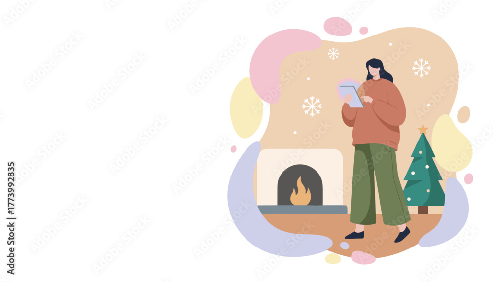 Obraz premium Woman uses tablet near a Christmas tree and fireplace in a cozy winter setting Holiday shopping online