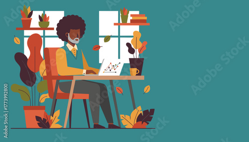 Senior man analyzing data on laptop in a cozy plantfilled home office Remote work illustration