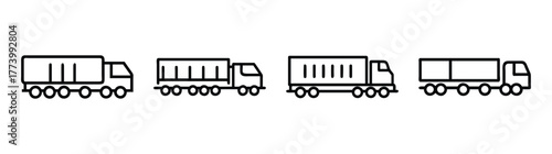 Line art collection of four different freight trucks on a