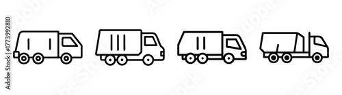 Collection of stylized garbage trucks line drawings for sanitation and waste management themes