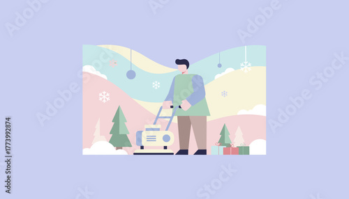 Man using a snow blower in a pastel winter landscape with trees and holiday gifts Seasonal illustration