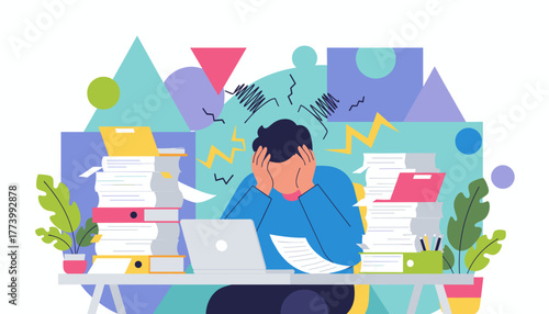 Overworked employee suffering from stress and burnout at the desk with documents