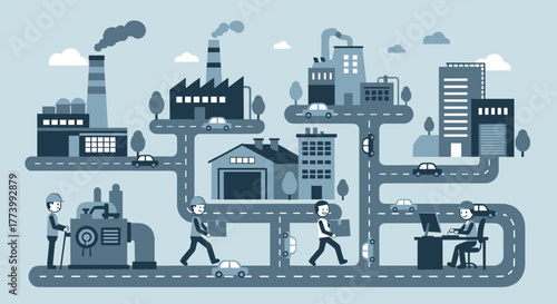 Supply chain network illustration factories delivery office work and connectivity concept