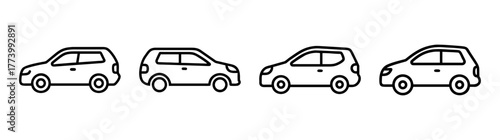Line drawing of four hatchback cars side view diverse models and designs