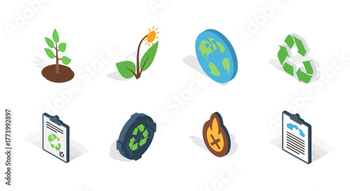 Eco-friendly icons in isometric style featuring nature and sustainability elements