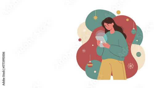 Woman uses tablet for holiday shopping or messages surrounded by festive Christmas decor