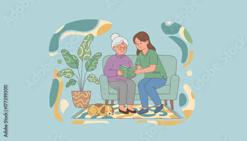 Home caregiver assists senior woman with reading in a living room illustrating companionship