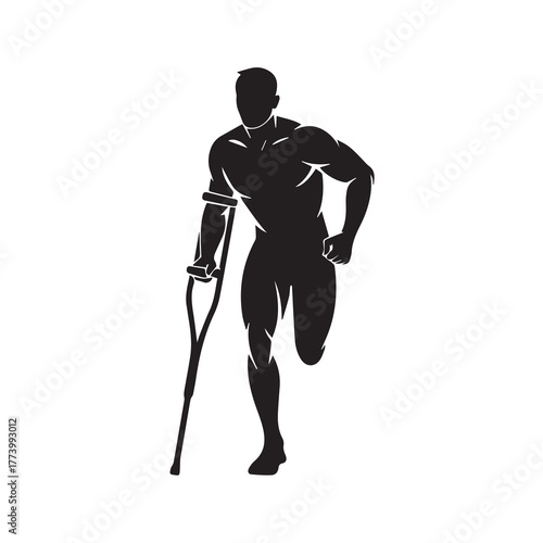 Strong Male Amputee with Prosthetic Leg and Crutch Vector Silhouette
