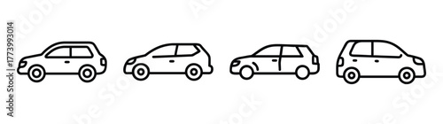 Four simple outline hatchback cars side view isolated graphic elements for design