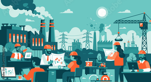 Engineering team collaborating on construction projects in an industrial landscape Flat design