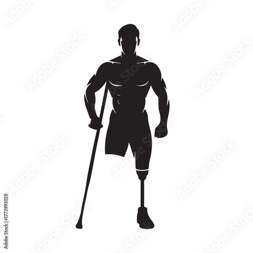 Strong Male Amputee with Prosthetic Leg and Crutch Vector Silhouette