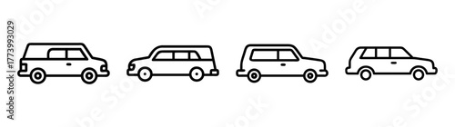 Line art rendering of four distinct hearse vehicles in a row showing different styles