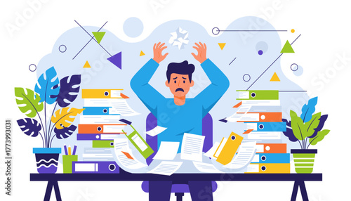 Stressed worker overwhelmed by huge workload and flying paperwork Business burnout concept