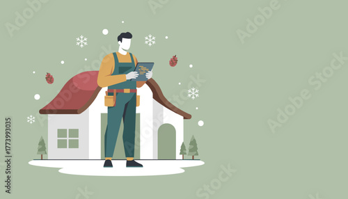 Contractor using a digital tablet for winter home maintenance and inspection services illustration