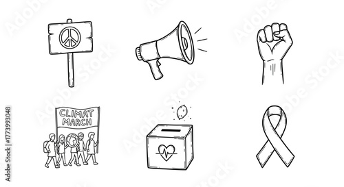 Diverse activism symbols in hand drawn style: peace, protest, and awareness
