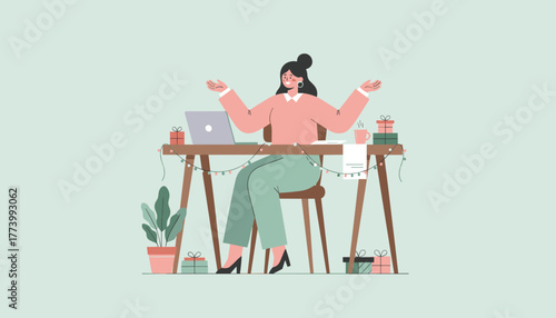 Joyful woman working remotely on holiday tasks surrounded by festive decorations and gifts