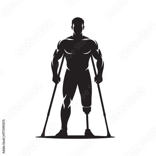 Muscular Man with Prosthetic Limb and Crutches, Recovery Icon