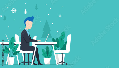 Businessman works on a laptop in a modern office with winter holiday decorations Corporate remote work concept