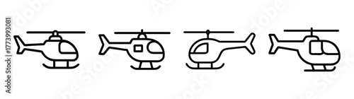 Four simple outline helicopters flying in sequence small aircraft icons for design projects