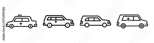 Line art collection of various vehicles including a hearse and station wagon style cars