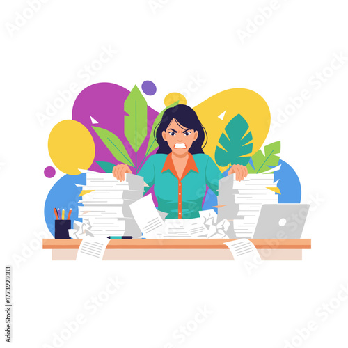 Overwhelmed businesswoman stressed by heavy workload and piles of documents at the office desk