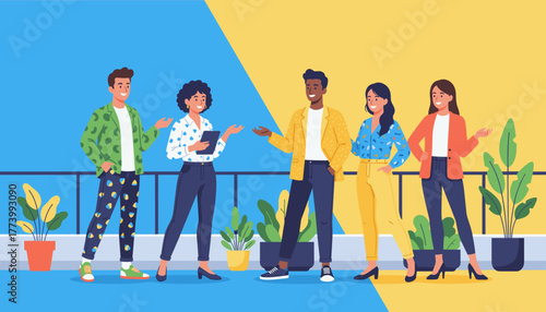 Diverse business team collaborating on a bright modern balcony Teamwork success and communication concept