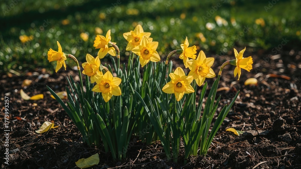 Fototapeta premium Clusters of yellow daffodils blooming in a garden bed with dark soil and green grass in the background.