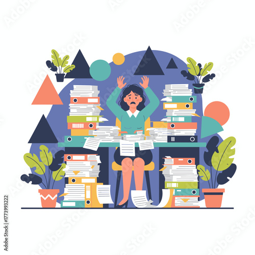 Overwhelmed businesswoman drowning in excessive office paperwork and documents