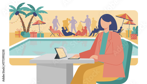 Remote worker uses technology by a tropical pool party worklife balance and vacation concept