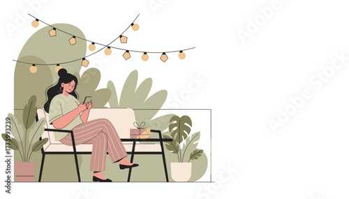 Relaxed woman texting on a phone in a garden setting with string lights and potted plants
