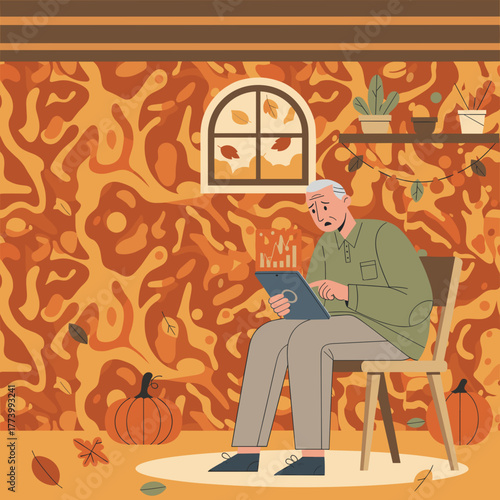 Concerned senior man checking volatile financial data on a tablet device in an autumnthemed room