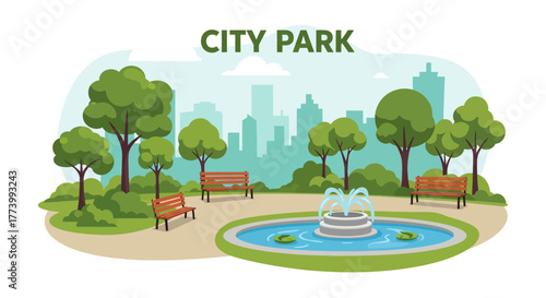 Peaceful city park with benches and fountain in flat style