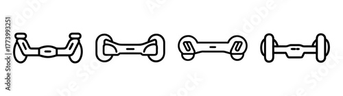 Collection of four stylized hovering board components or footpad connectors in a row.