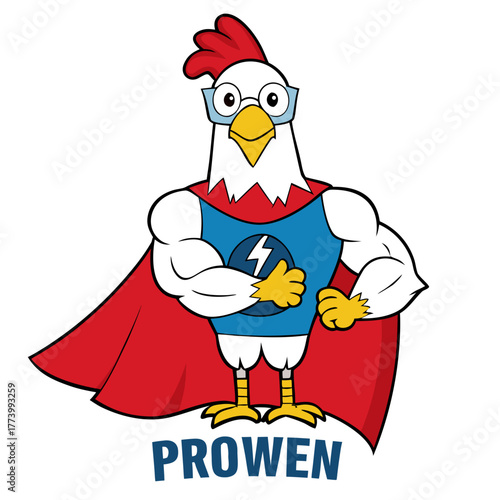 Mascot superhero chicken with muscles and cape flexing bicep with lightning bolt emblem and glasses