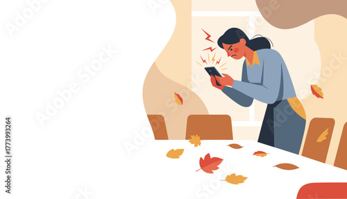 Frustrated woman reading bad news or facing technology failure on her smartphone in a fall seasonal setting
